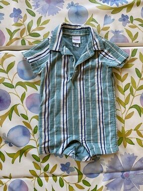 3/$25 Hanna Andersson Striped Polo Romper in Seafoam, Navy and White